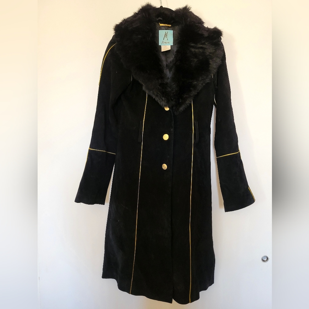 Marciano Black Learher Coat with Fur Trim & Gold Accents